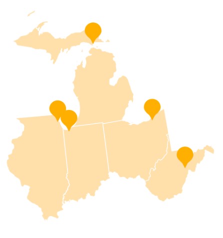 Map of the Great Lakes states in the United States with pins marking the top pet friendly attraction in each state