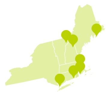 Map of New England in the United States with pins marking the top pet friendly attraction in each state