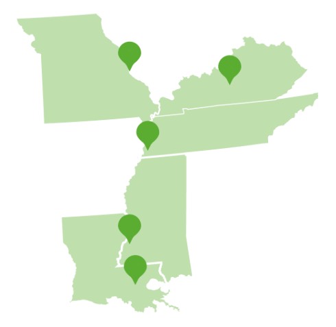 Map of the southern plains states in the United States with pins marking the top pet friendly attraction in each state