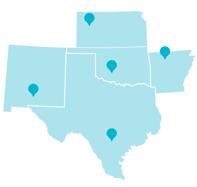 Map of the south central United States with pins marking the top pet friendly attraction in each state