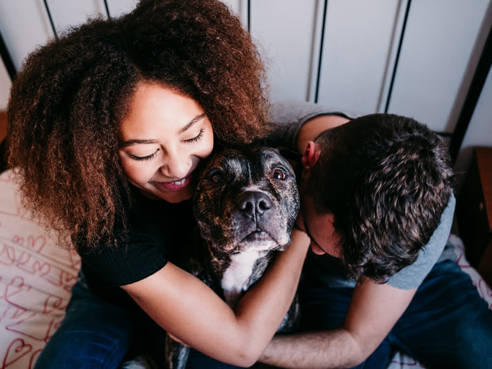 Woman and man hug pit bull