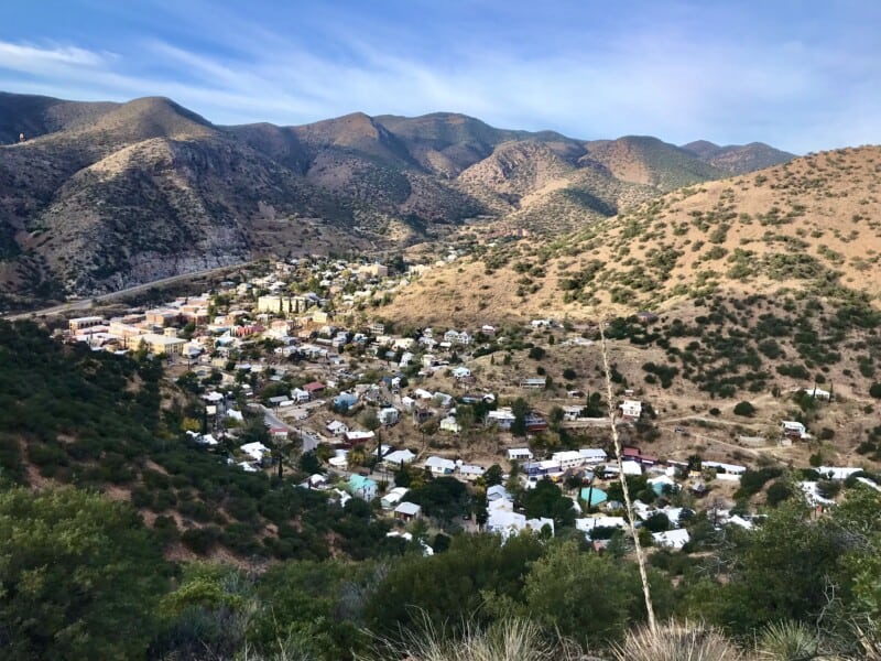 View of Bisbee, AZ from a pet friendly trail above town