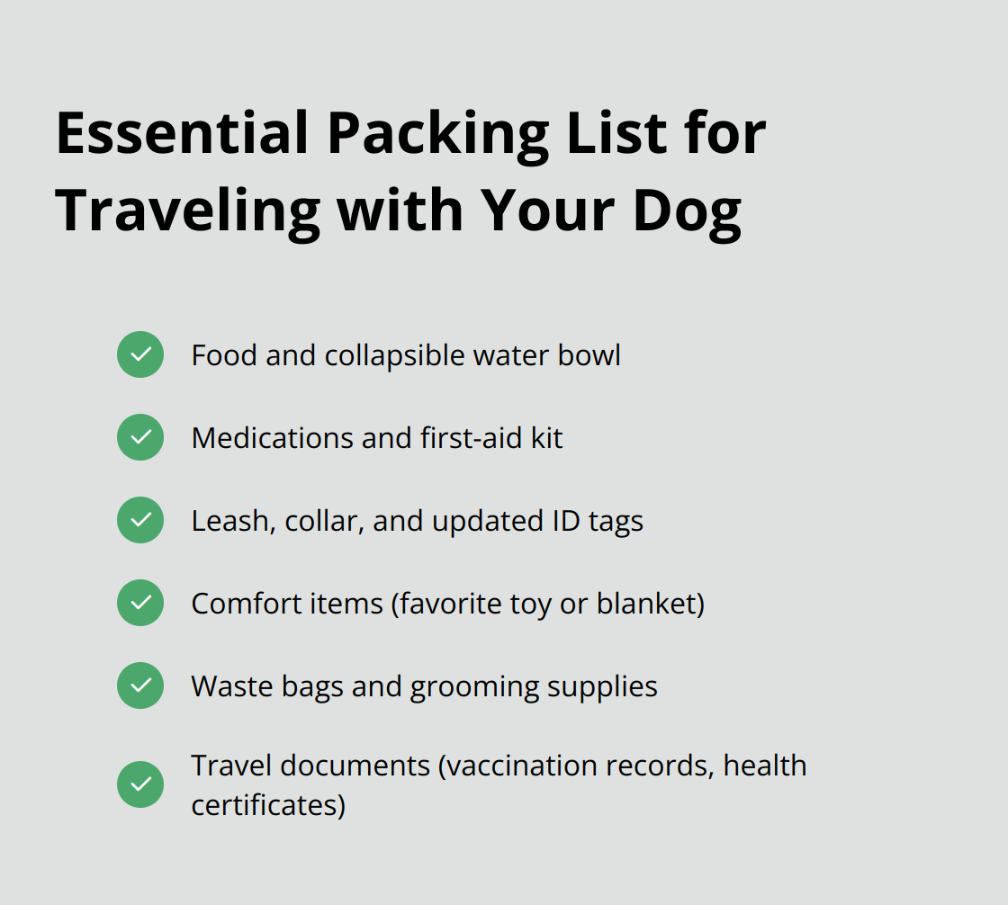 Checkmark list of essential items to pack when traveling with your dog - tips on traveling with a dog