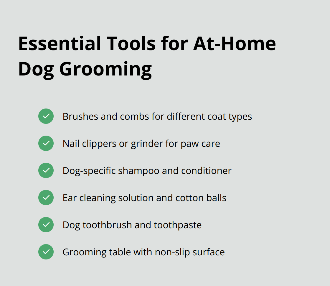 Checklist of essential tools for grooming your dog at home, including brushes, nail care tools, bathing products, ear and dental care items, and grooming table with restraints.