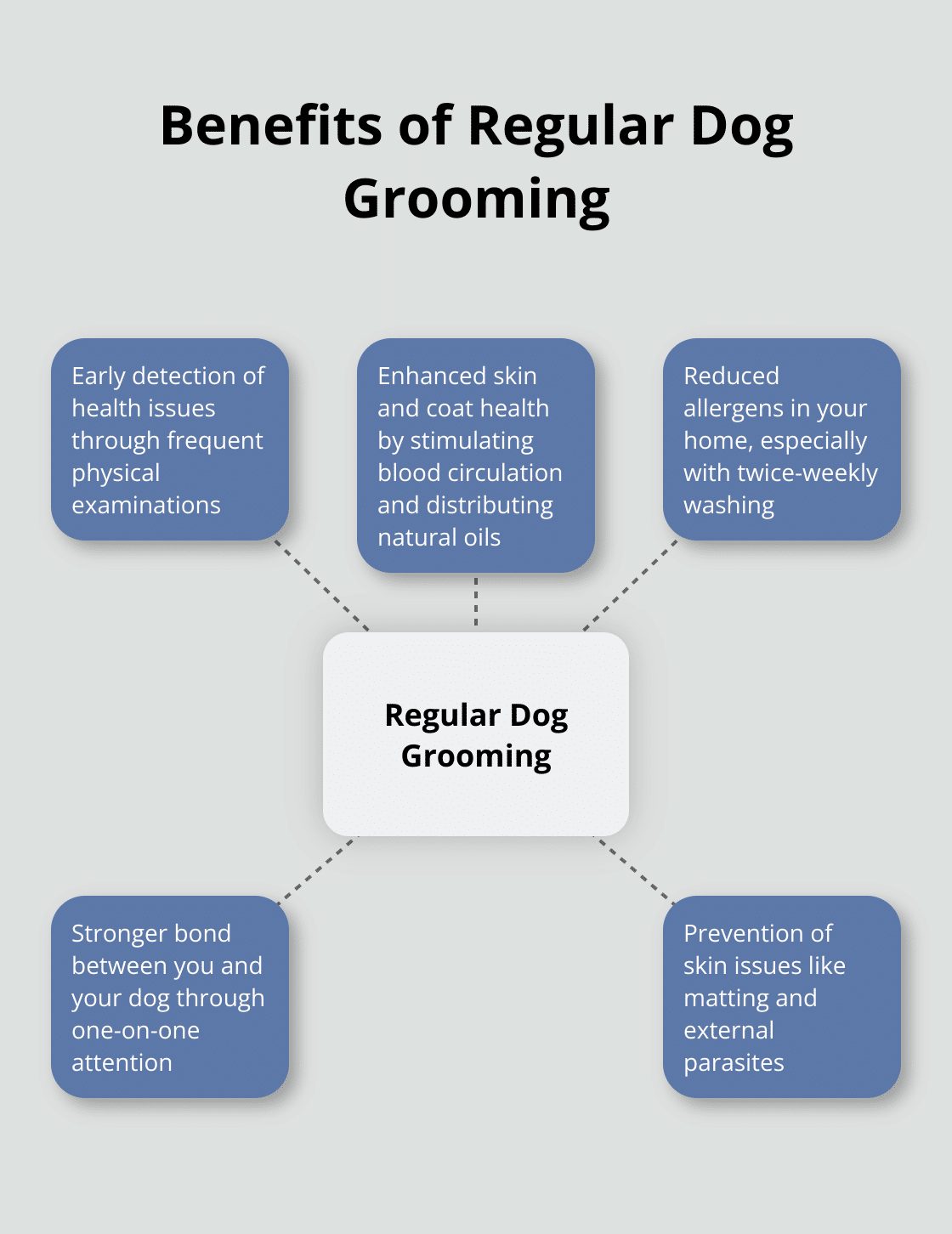 Hub and spoke chart showing the central concept of regular dog grooming with five spokes representing its benefits: early detection of health issues, enhanced skin and coat health, reduced allergens, stronger bond, and prevention of skin issues. - tips on grooming your dog at home