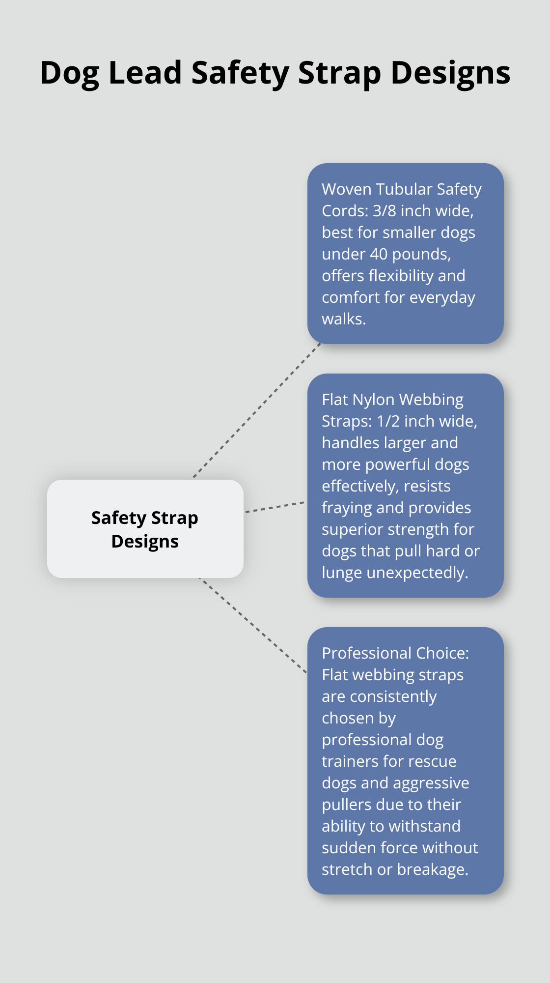 Chart showing two main safety strap designs: woven tubular safety cords and flat nylon webbing straps, with their characteristics and best uses.