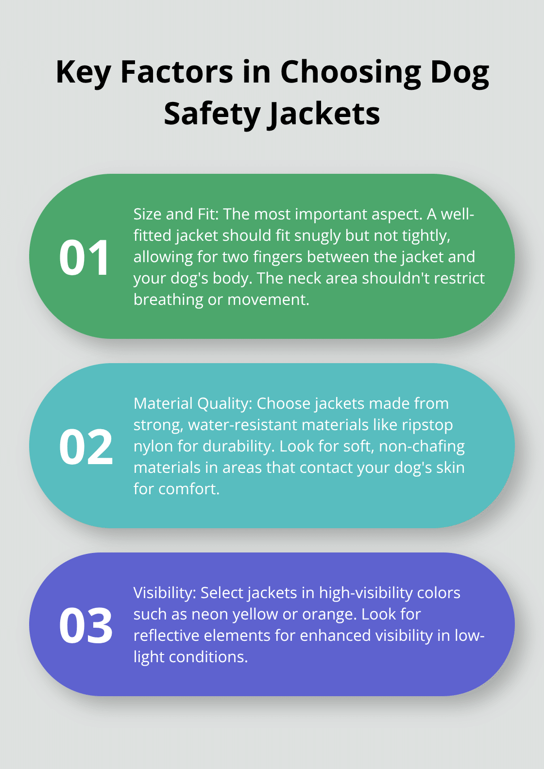 Ordered list chart showing four key factors to consider when choosing dog safety jackets: Size and Fit, Material Quality, Visibility, and Buoyancy