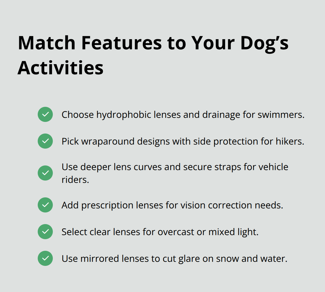 Checklist that maps dog activities to the right goggle features. - dog safety goggles