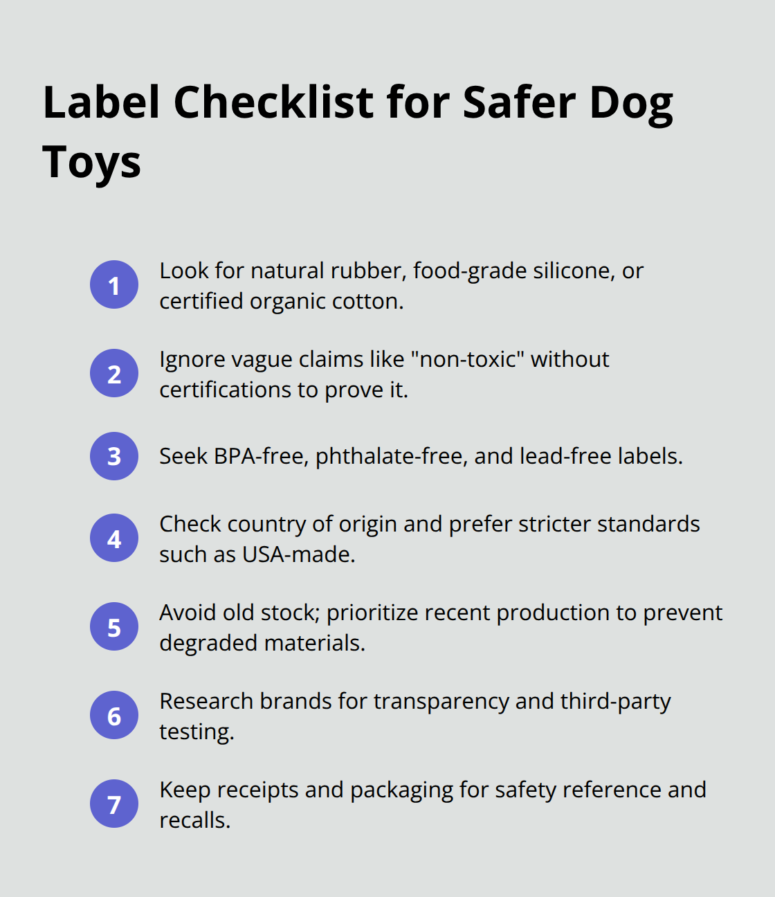 Compact checklist of what to look for on dog toy labels before purchasing. - dog toy safety
