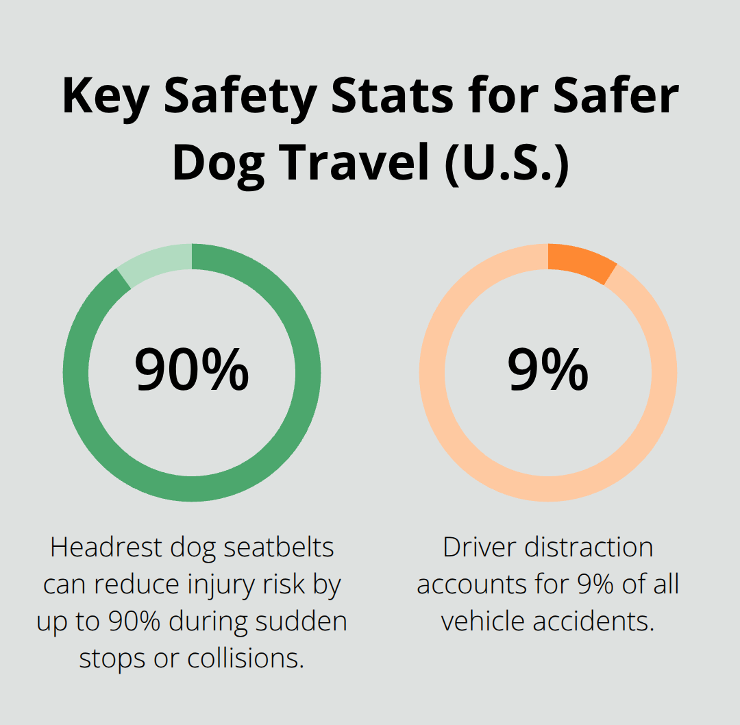 Infographic showing 90% injury risk reduction and 9% of vehicle crashes due to distraction for U.S. drivers with dogs.