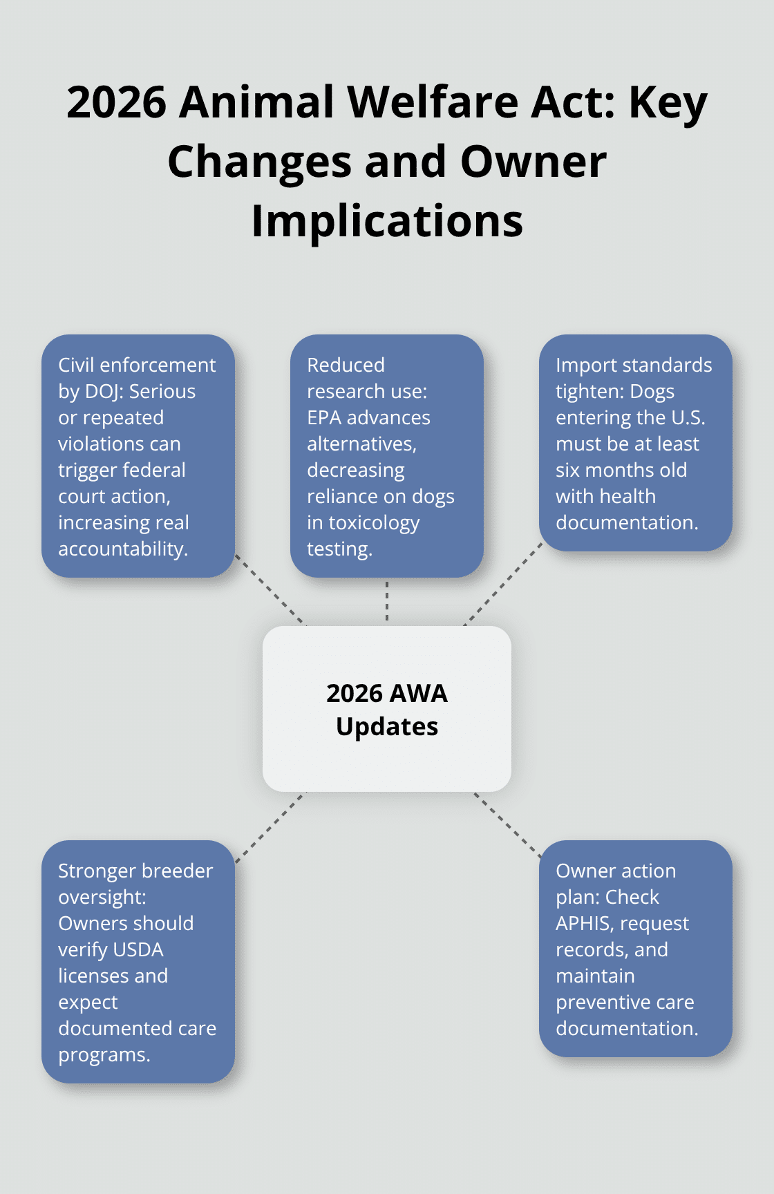 Hub-and-spoke diagram showing the main 2026 Animal Welfare Act updates and what U.S. dog owners should do.